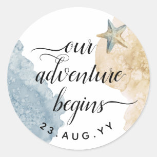 Adventure Begins Watercolor Dusty Blue Wedding Classic Round Sticker