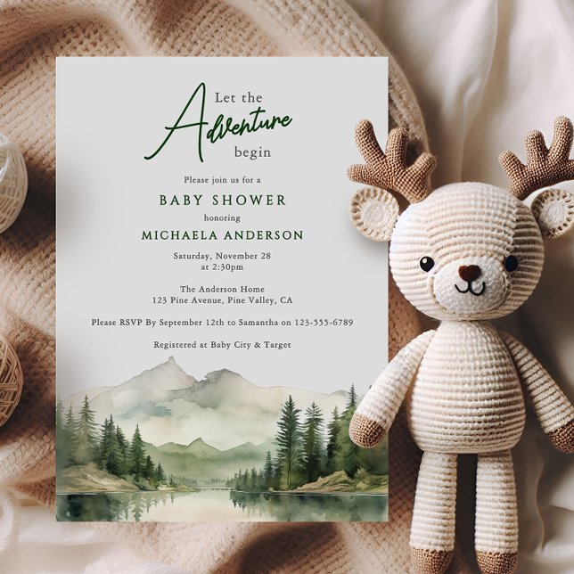 Adventure Begins Watercolor Mountains Baby Shower Invitation (Creator Uploaded)