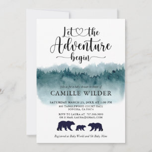 Adventure Begins Watercolor Mountains Bear Family Invitation