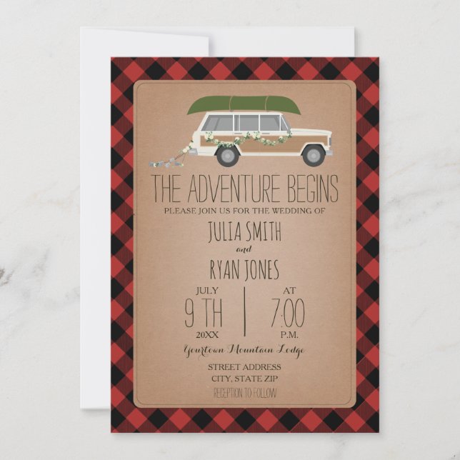 Adventure Begins Wood Panel SUV Canoe Wedding Invitation (Front)