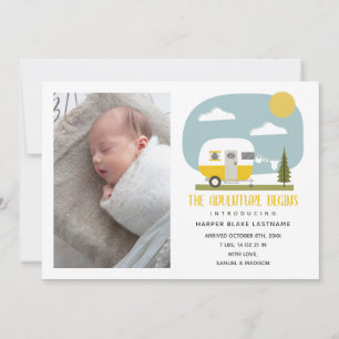 Adventure Begins Yellow Camper Baby Birth Announcement