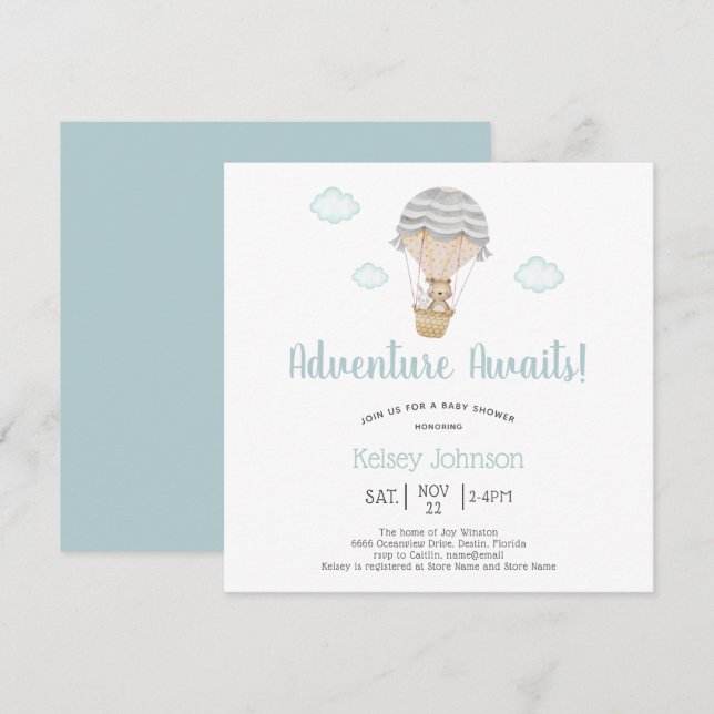 Adventure Blue Woodland Teddy Bear Baby Shower Invitation (Front/Back)