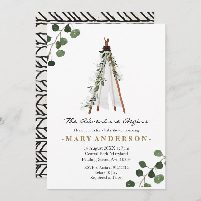 Adventure BohoTeepee baby shower invitation (Front/Back)