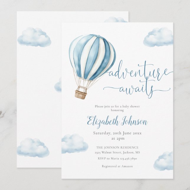 Adventure Boy Blue Hot Air Balloon Baby Shower Invitation (Front/Back)