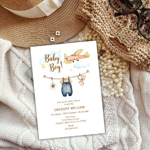 Adventure Boy Clothesline Aeroplane Sky Baby Showe Invitation