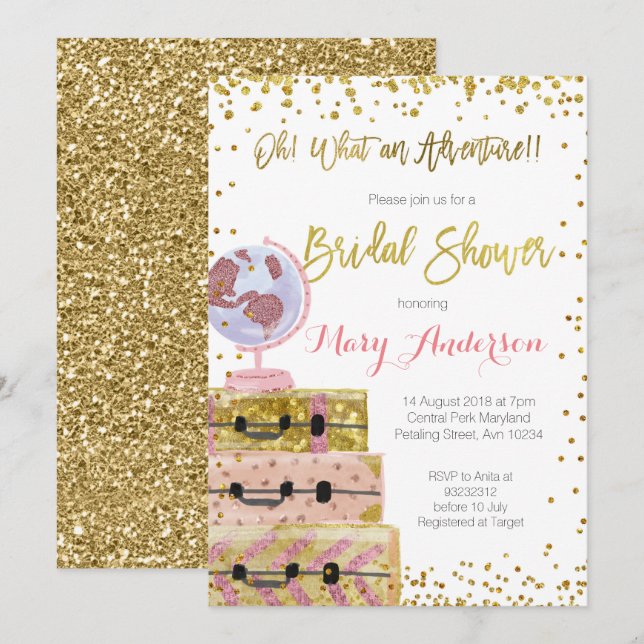 Adventure Bridal Shower Invitation Gold Glitter (Front/Back)