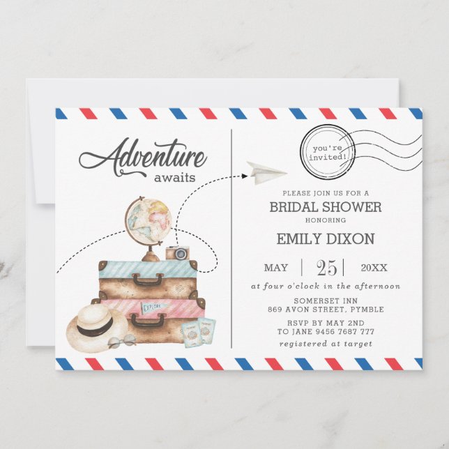 Adventure Bridal Shower Travel Voyage Postage Mail Invitation (Front)