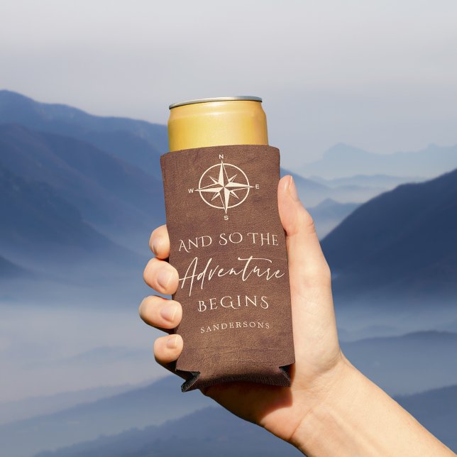 Adventure Brown Leather Personalised Seltzer Can Cooler (Creator Uploaded)