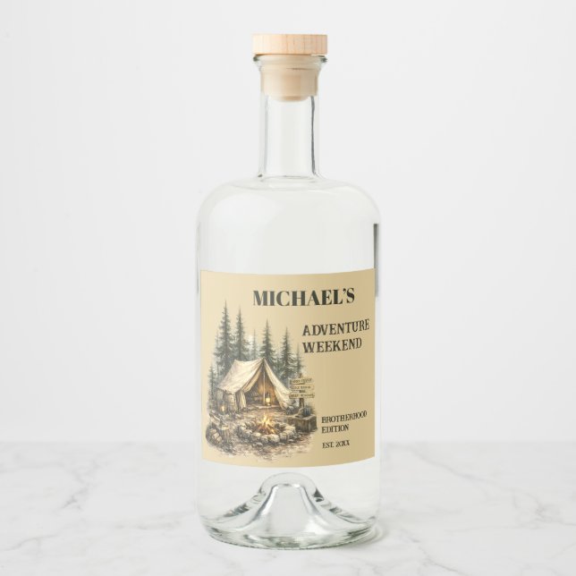 Adventure Cabin Trip Bachelor Party Rustic Camping Liquor Bottle Label (Front)