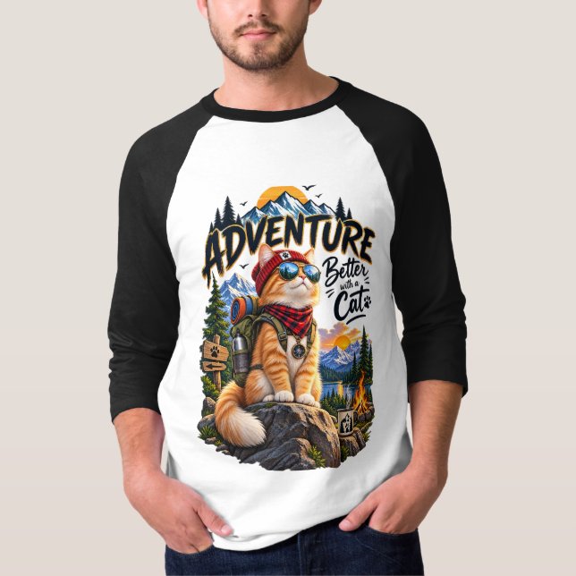 Adventure Cat Mountain Camping Orange Tabby T-Shirt (Front)