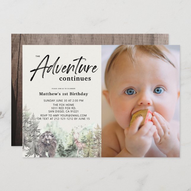 Adventure Continues Bear 1st Birthday Photo Invitation (Front/Back)