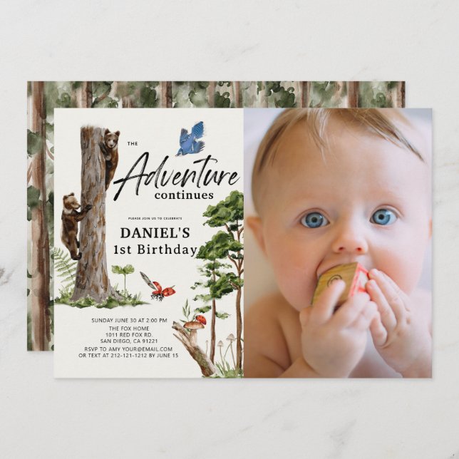 Adventure Continues Bear Forest 1st Birthday Photo Invitation (Front/Back)