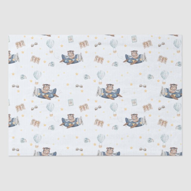 Adventure Cute Aviation Bear Blue Plane Decoupage Tissue Paper (Front)