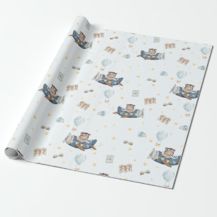 Adventure Cute Aviation Bear Blue Plane  Wrapping Paper