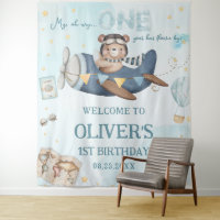 Adventure Cute Bear Blue Plane Boy 1st Birthday