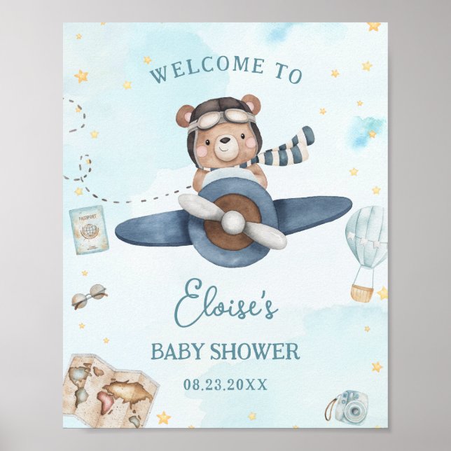 Adventure Cute Bear Blue Plane Boy Baby Shower Poster (Front)