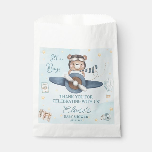 Adventure Cute Bear Blue Plane Oh Boy Baby Shower Favour Bags (Front)