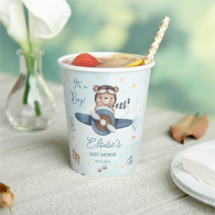 Adventure Cute Bear Blue Plane Oh Boy Baby Shower Paper Cups