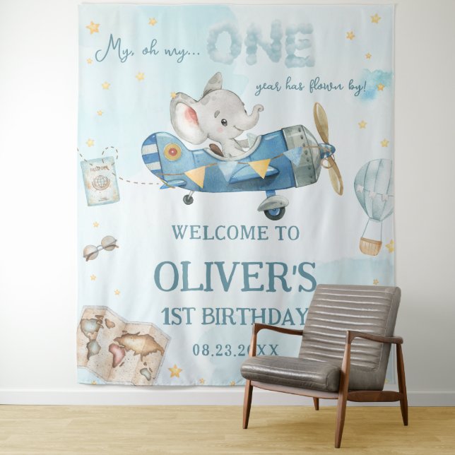 Adventure Cute Elephant Blue Plane 1st Birthday Tapestry (In Situ)