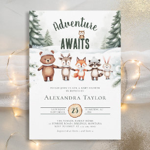 Adventure Cute Woodland Animals Winter Baby Shower Invitation