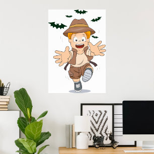 Adventure Explorer Kid Running from Bats Poster
