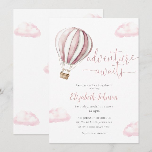 Adventure Girl Pink Hot Air Balloon Baby Shower Invitation (Front/Back)
