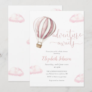 Adventure Girl Pink Hot Air Balloon Baby Shower Invitation