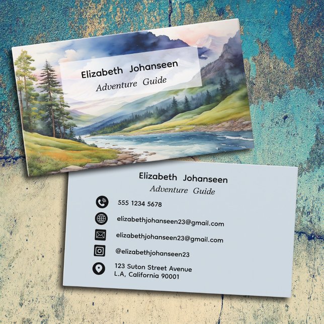 Adventure Guide Blue Watercolor Forest Mountain Business Card (Creator Uploaded)