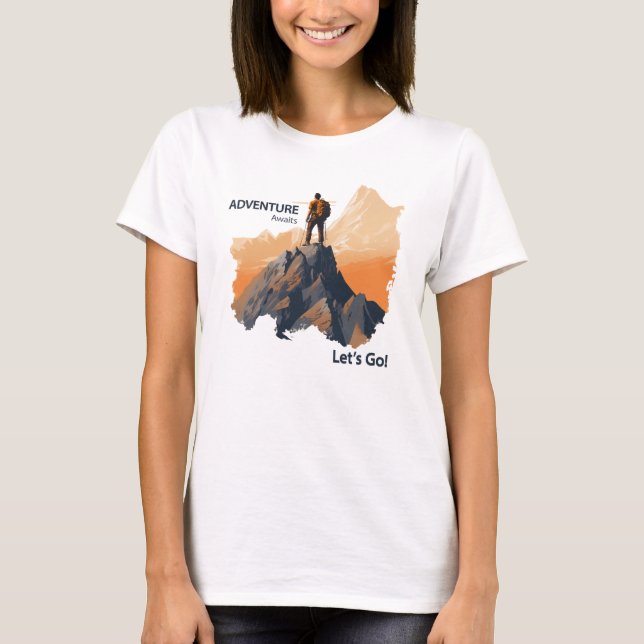 Adventure Hiking, Adventure Awaits, Let’s Go! T-Shirt (Front)