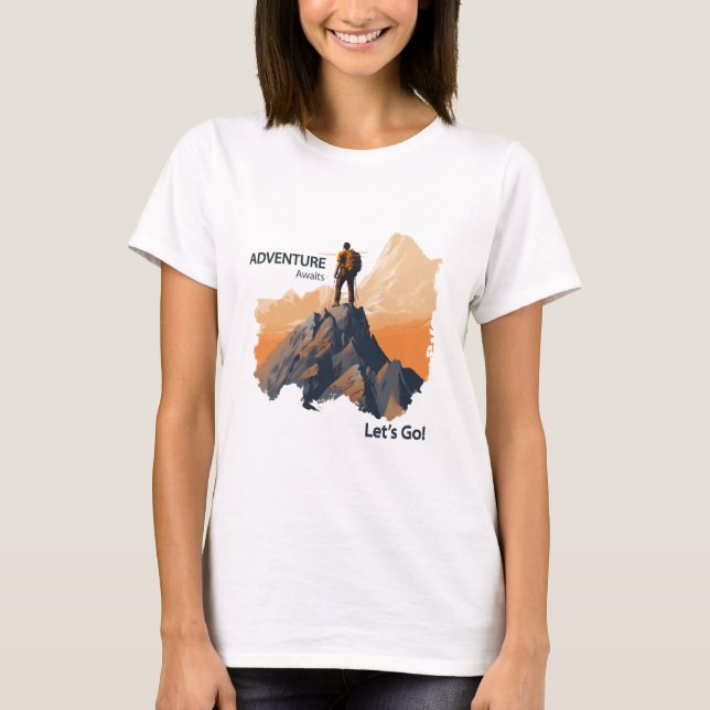 Adventure Hiking, Adventure Awaits, Let’s Go! T-Shirt (Front)