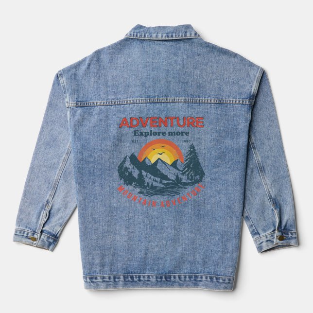 Adventure Horizon: Retro Mountain Expedition Denim Jacket (Back)