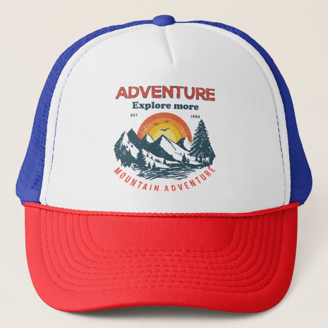 Adventure Horizon: Retro Mountain Expedition Trucker Hat (Front)
