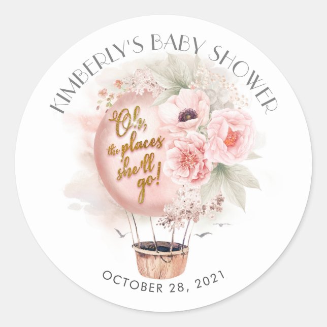 Adventure Inspired Hot Air Balloon Baby Shower Classic Round Sticker (Front)