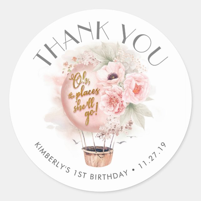 Adventure Inspired Hot Air Balloon Birthday Party Classic Round Sticker (Front)