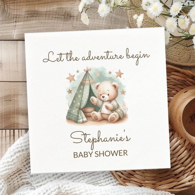 Adventure is Calling Teddy Bear Baby Shower Napkin (Teddy bear "Let the adventure begin" baby shower paper napkin)