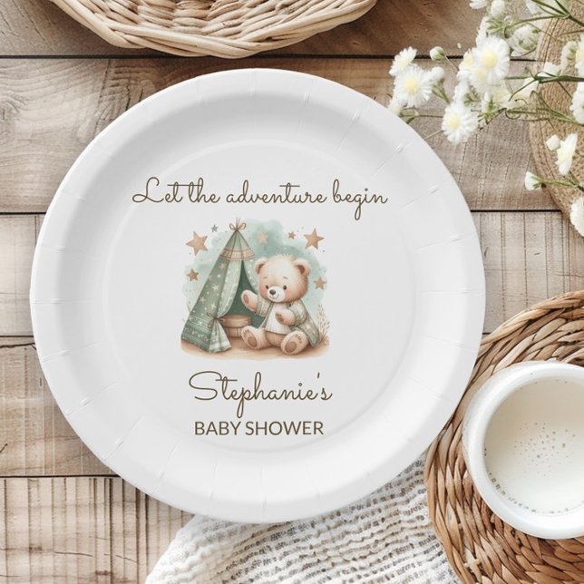 Adventure is Calling Teddy Bear Baby Shower Paper Plate (Cute teddy bear "Let the Adventure Begin" baby shower paper plate)