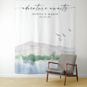 Adventure Mountain Lake Wedding Backdrop Photo Tapestry