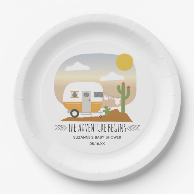 Adventure Orange Camper Clothesline Baby Shower  Paper Plate (Front)