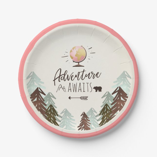 Adventure Paper Plates Travel Pink Girl Shower (Front)