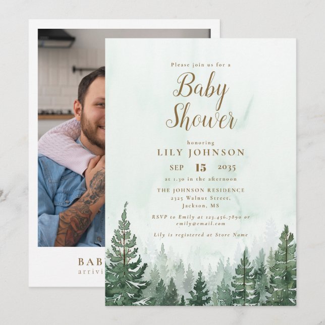Adventure Pine Tree Forest Baby Shower Photo Invitation (Front/Back)