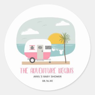 Adventure Pink Camper Beach Girl Baby Shower Classic Round Sticker