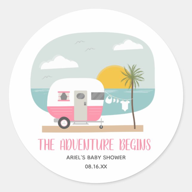 Adventure Pink Camper Beach Girl Baby Shower Classic Round Sticker (Front)