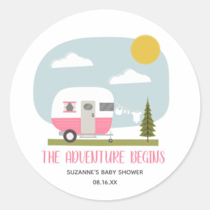 Adventure Pink Camper Clothesline Baby Shower Classic Round Sticker