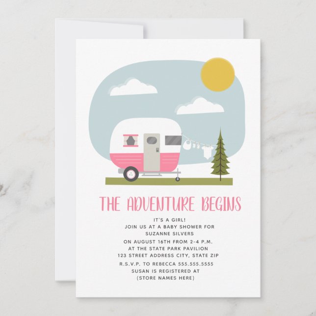 Adventure Pink Camper Clothesline Baby Shower Invitation (Front)