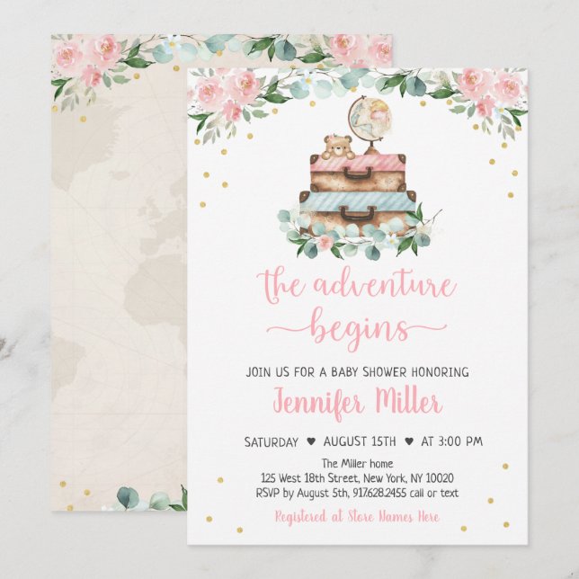 Adventure Pink Gold Floral Travel Baby Shower Invitation (Front/Back)