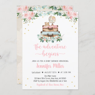 Adventure Pink Gold Floral Travel Baby Shower Invitation