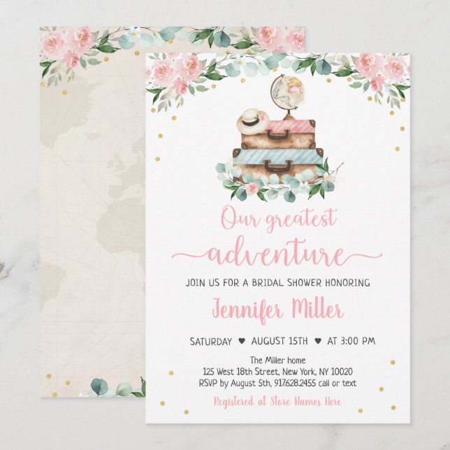 Adventure Pink Gold Floral Travel Bridal Shower Invitation (Front/Back)
