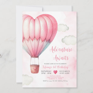 Adventure Pink Hot Air Balloon Baby Shower  Invitation