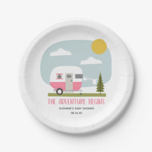 Adventure Pink Retro Camper Girl Baby Shower Paper Plate