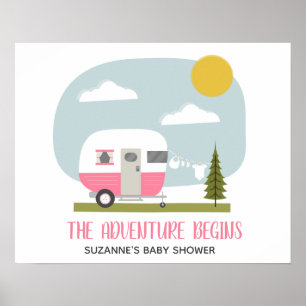 Adventure Pink Retro Camper Girl Baby Shower Poster